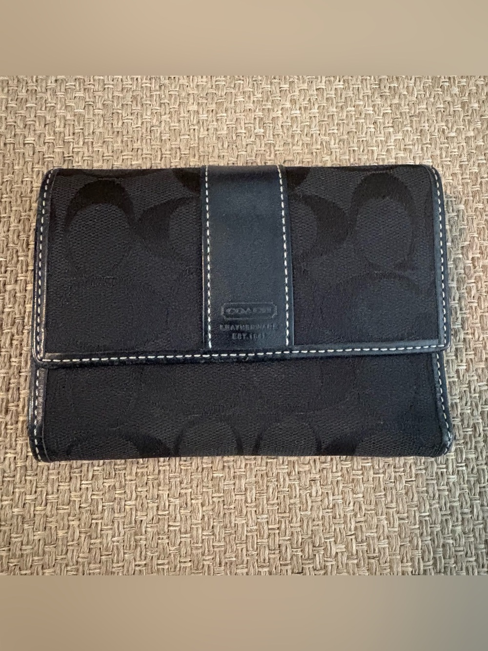 Vintage Coach Black Signature C Tri Fold Wallet Jacquard &Leather Trim Y2K